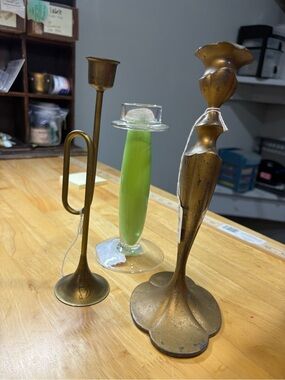 SET 3 Candle holders: 2- Brass, one Trumpet shaped & Green Art Glass variety FUN